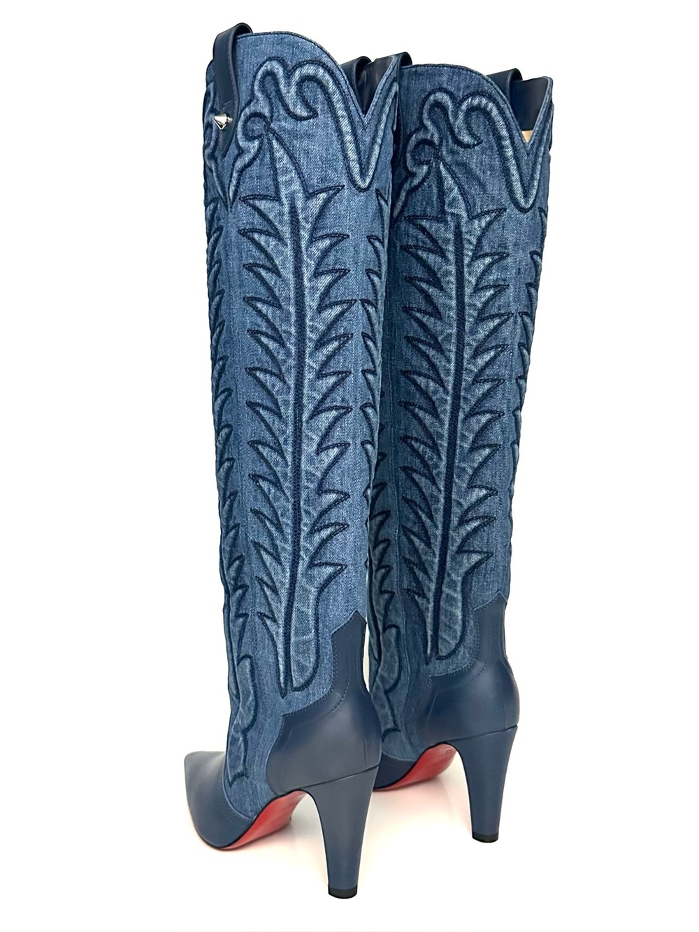 Christian Louboutin Santia 85mm Knee-High Western Boots in Leather and Denim - Picture 3 of 11